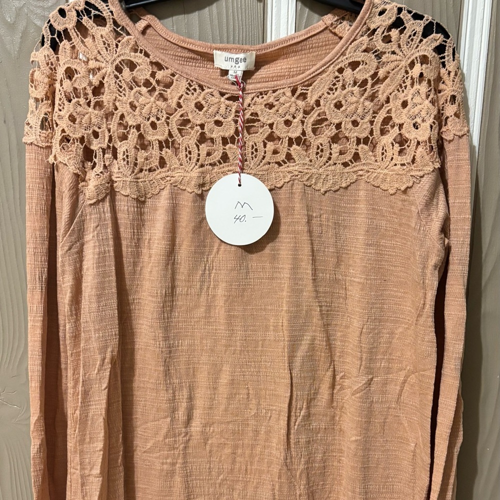 Umgee Peach Crochet Yoke Long Sleeve Top - Soft Peach
